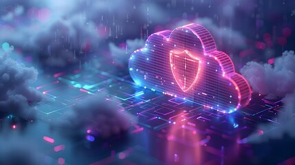 Cloud security concept with neon lights, digital shield, and network background, highlighting the importance of cybersecurity in cloud computing.
