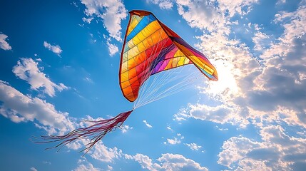 A playful photograph of a colorful kite soaring joyfully in the bright sky, capturing the dynamic and carefree spirit of the moment.