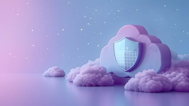 Cloud security concept with shield symbol on cloud background, representing data protection and cybersecurity in a dreamy setting.