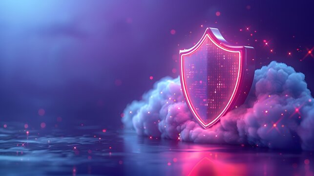 Conceptual digital illustration of a cloud security shield symbolizing cybersecurity, data protection, and technology safety in a virtual environment. - Powered by Adobe