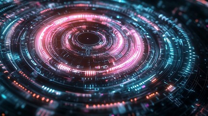 Obraz premium Neon Spiral Futuristic UI Design on Black Background with Cyan and Magenta Glow Lines - 3D Render Octane Style in Cinema4D