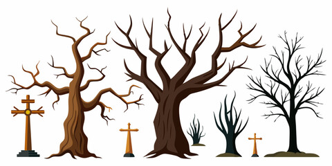 Dead trees vector set, scary autumn bark, dry bare branch silhouette, Halloween spooky forest. Cemetery winter oak wood kit, leafless trunk clipart on white bare roots. Environment icon - Royalty-free