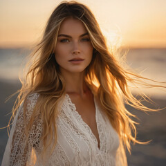 海辺夕日の女性