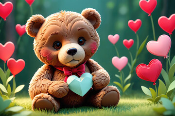 Adorable Bear Holding Heart Surrounded by Colorful Hearts in Enchanted Forest Setting