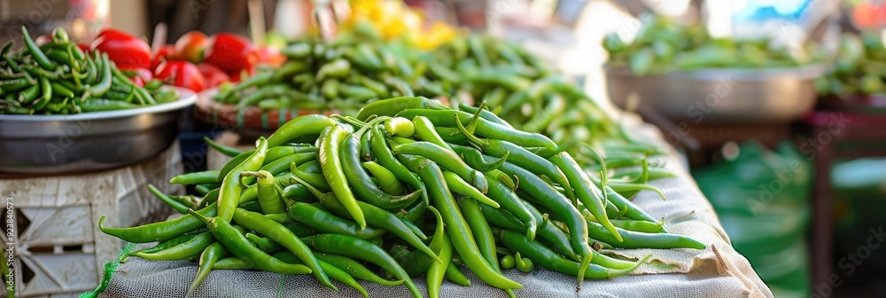 Canvas Prints fresh green chili peppers available, perfect for culinary blogs, food promotions, and spice-related 