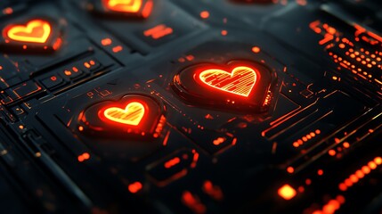 Obraz premium Digital Love - Vibrant, Heart-shaped Futuristic UI Elements in Octane 3D Render on Black Background with Red and Yellow Glowing Lines