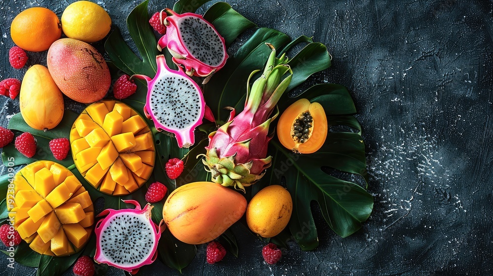 Poster Flat lay of tropical fruits, mangoes, papayas, and dragon fruits on a black marble surface. top view. Generative AI.