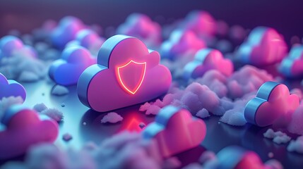 Obraz premium Digital illustration of cloud-based data security with neon shield and multiple clouds, representing online protection and cloud computing.