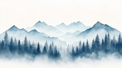 Serene watercolor mountain landscape with mist and evergreen trees, evoking tranquility and natural beauty.