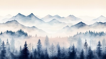 Obraz premium A tranquil landscape featuring misty mountains and dense forests, perfect for evoking serenity and natural beauty.