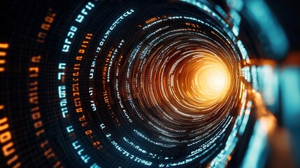 A computer generated image of a tunnel with a bright orange light at the end