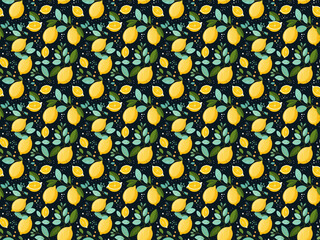 Vibrant seamless lemon pattern featuring yellow lemons, green leaves, and dark background