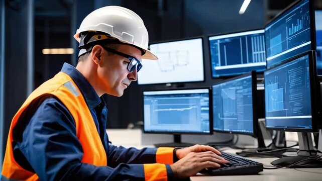 電子機器製造のプロセス！白人男性技師がデスクトップでPCBとマイクロチップを設計する