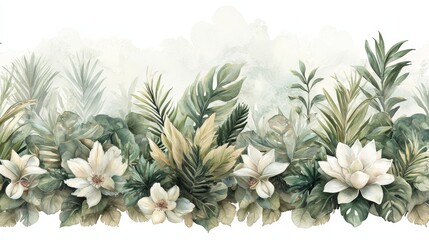 Fototapeta premium Elegant floral design featuring lush green leaves and delicate white flowers, perfect for adding a touch of nature indoors.