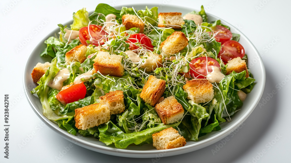 Wall mural caesar salad with lettuce, tomatoes, sprouts, croutons and sauce in plate on isolated white backgrou