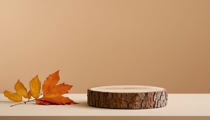 Autumn podium in two parts, made of natural wood and autumn foliage. The showcase for the presentation of goods and cosmetics is made of wood on a beige background. Minimalistic branding scene1