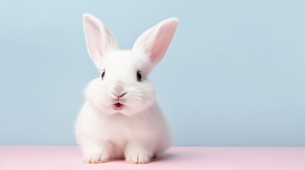 Obraz premium cute animal pet rabbit or bunny white color smiling and laughing isolated with copy space for easter background, rabbit, animal, pet, cute, fur, ear, mammal, background, celebration, generate by AI