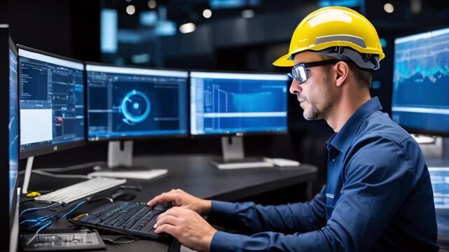 電子機器工場の舞台裏！CADソフトを使ってマイクロチップを設計する白人男性技師