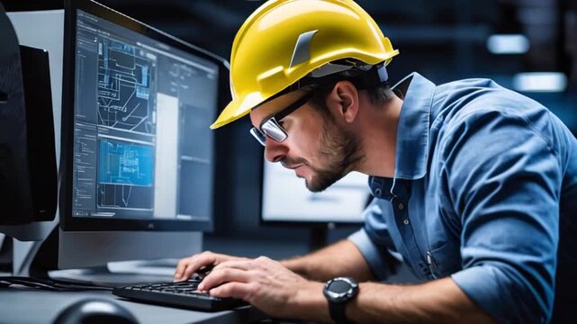 電子機器工場の最前線！CADソフトでマイクロチップを開発する白人男性技師の作業風景