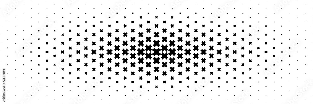 Poster horizontal halftone of black cross jigsaw spread from center for pattern and background.