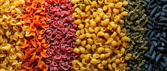 Variety of types, colors and shapes of Italian pasta