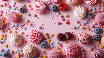 Top view of various colorful sweets on light pink background. birthday or holiday. space for text