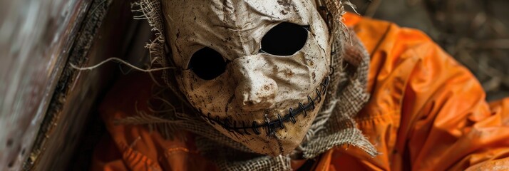 Close-up of a Halloween scarecrow decoration featuring a burlap mask and an orange jumpsuit.