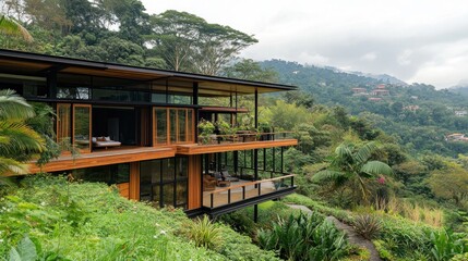 Modern house built on a hillside with lush green foliage and a mountain view.
