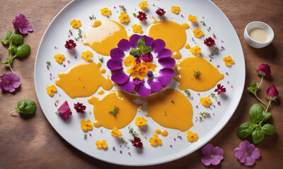 Exquisite Gourmet Dessert Artfully Decorated With Edible Flowers in a Stylish Restaurant Setting