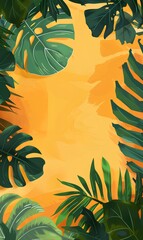 vertical banner - an artistic illustration featuring a variety of large, green tropical leaves framing the edges. The background is a warm, vibrant orange, creating a contrast with the green leaves