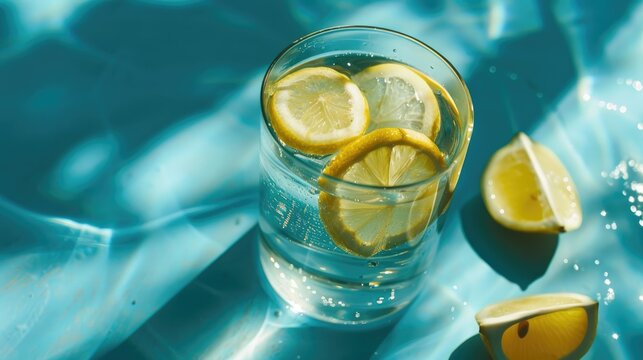 Refreshing water with lemon on blue background in sunlight Live nourishing drink
