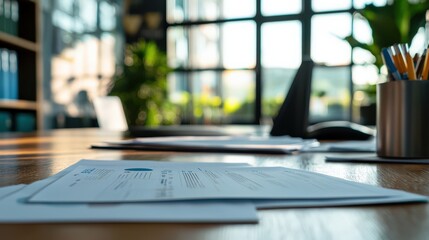 A table with a laptop, a cup of pens, and a stack of papers