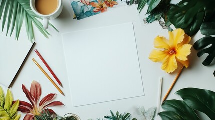 A creative workspace with tropical flowers, colored pencils, and coffee on a white surface