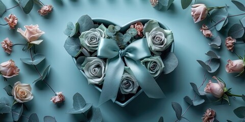 Heart-Shaped Bouquet of Dusty Blue Roses with Eucalyptus and Pink Roses