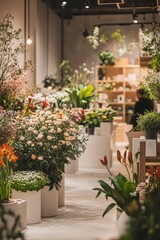 A beautifully lit, modern flower shop showcasing a vibrant array of flowers arranged neatly for customers.