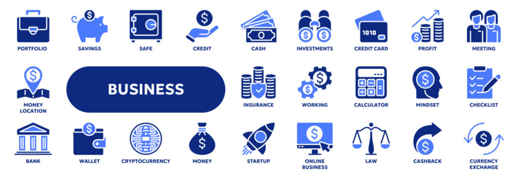 Set of vector solid icons related to business management, finance, money. Symbols for website or app ui, logo design, illustration