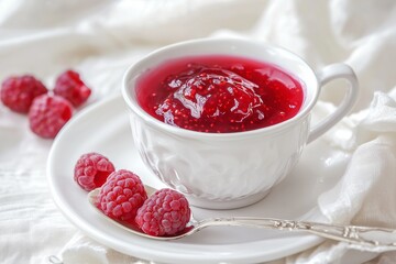 A closeup image of raspberry jam in a white porcelain cup with fresh raspberries on a spoon, set on a white tablecloth.