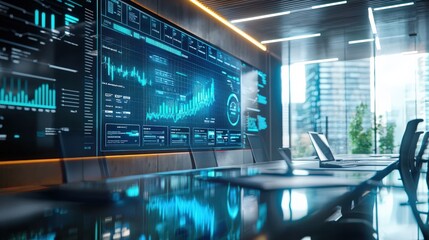 A computer room with a large monitor displaying graphs and numbers