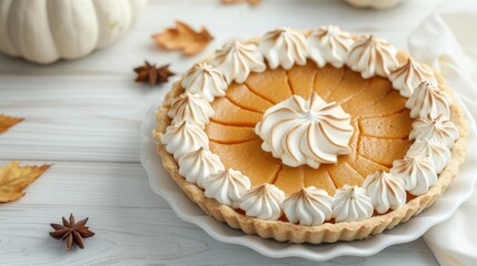 A slice of pumpkin pie with whipped cream on top