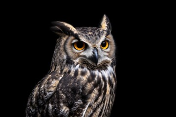 Photo of an eagle owl isolated against a black background, emphasising the eagle owl's majestic features. Wildlife and conservation concept, space for copy.