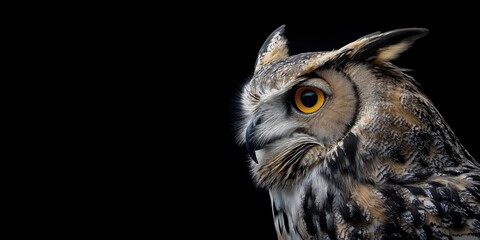 Obraz premium Photo of an eagle owl isolated against a black background, emphasising the eagle owl's majestic features. Wildlife and conservation concept, space for copy.