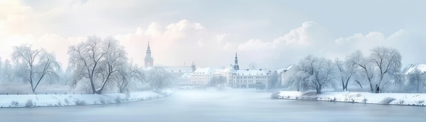 A snowy landscape with a river and a town in the background