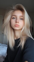 Fototapeta premium Portrait of a young woman with blonde hair and natural makeup, taking a selfie indoors with soft lighting.