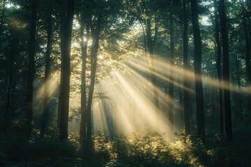Fototapeta premium Majestic forest with tall trees and sun rays filtering through the canopy