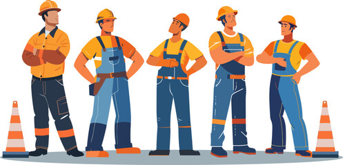 Obraz premium Five cartoon style construction workers in hard hats and safety gear standing together, engaged in a discussion