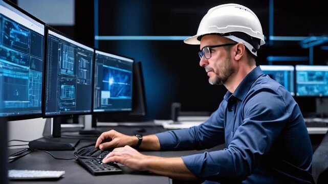 最新の製造施設で働く白人男性技師が、CADソフトでマイクロチップとPCBを開発する瞬間