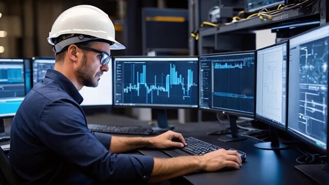CADソフトを駆使！電子機器工場でマイクロチップを設計する白人男性技師のデジタル作業