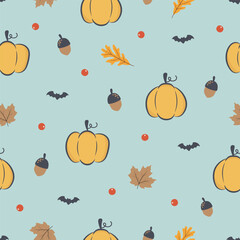 Halloween seamless pattern with pumpkins and bat on green background. Used for fabric, textile, wallpaper, wrapping, apparel design. Vector illustration