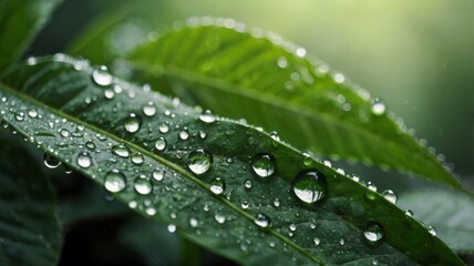Blurred nature background with water drops on green leaves 