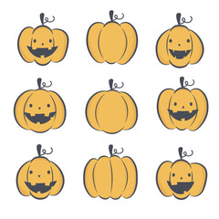 Pumpkin head set. Cute and scary halloween pumpkin monster set. Holidays cartoon character. Vector illustration
